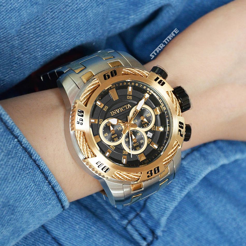 INVICTA ｜Speedway 47116｜三眼計時 黑面金框 銀+金色不鏽鋼錶帶 鋼索造型 50mm大錶徑 石英錶實帶細節