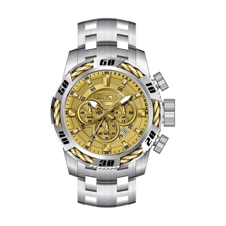 INVICTA ｜Speedway 49119｜三眼計時 金面 銀色不鏽鋼錶帶 鋼索造型 石英錶正面
