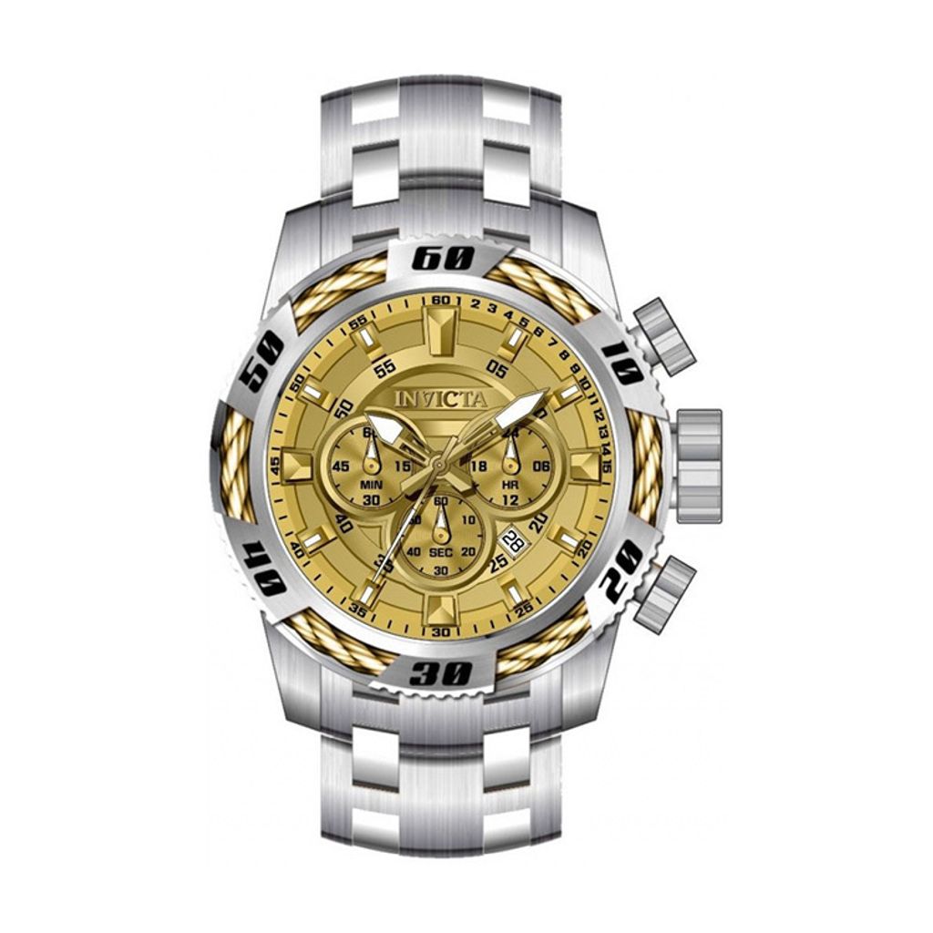 INVICTA ｜Speedway 49119｜三眼計時 金面 銀色不鏽鋼錶帶 鋼索造型 石英錶正面