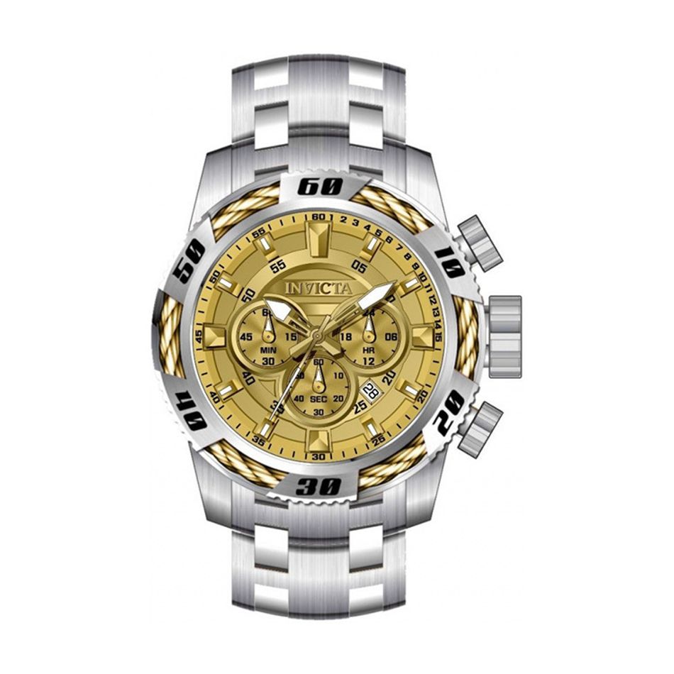 INVICTA ｜Speedway 49119｜三眼計時 金面 銀色不鏽鋼錶帶 鋼索造型 石英錶正面