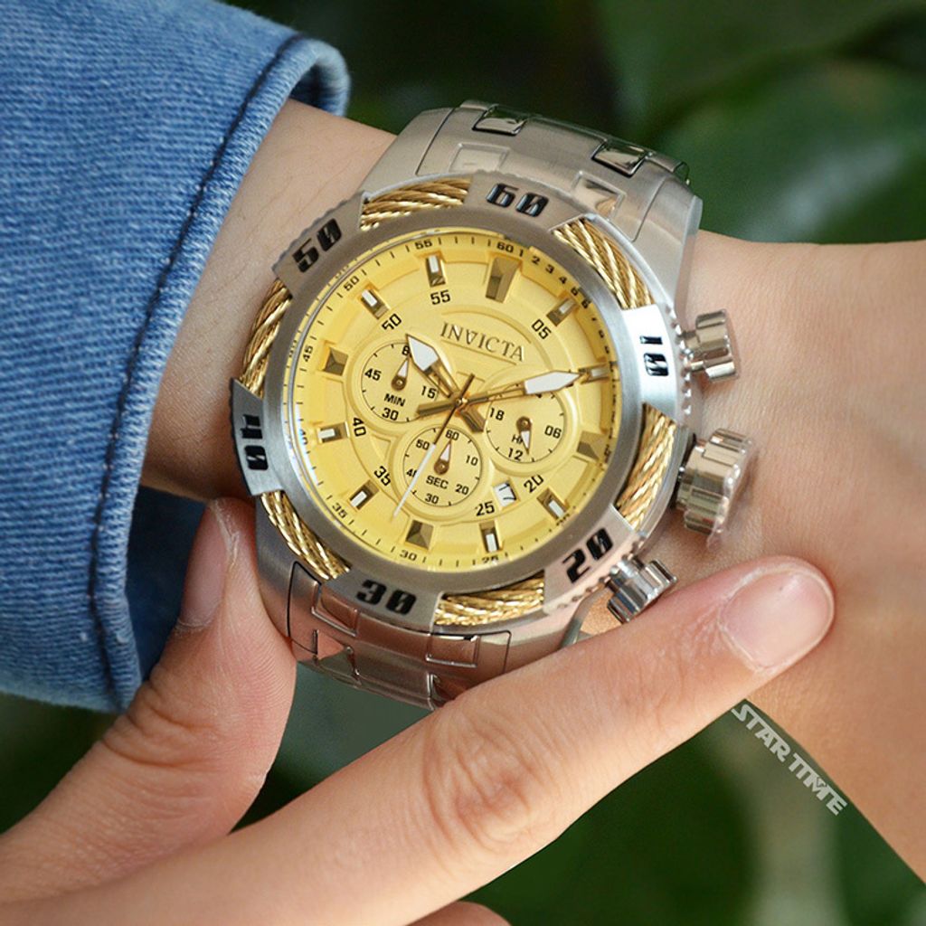 INVICTA ｜Speedway 49119｜三眼計時 金面 銀色不鏽鋼錶帶 鋼索造型 石英錶實帶細節