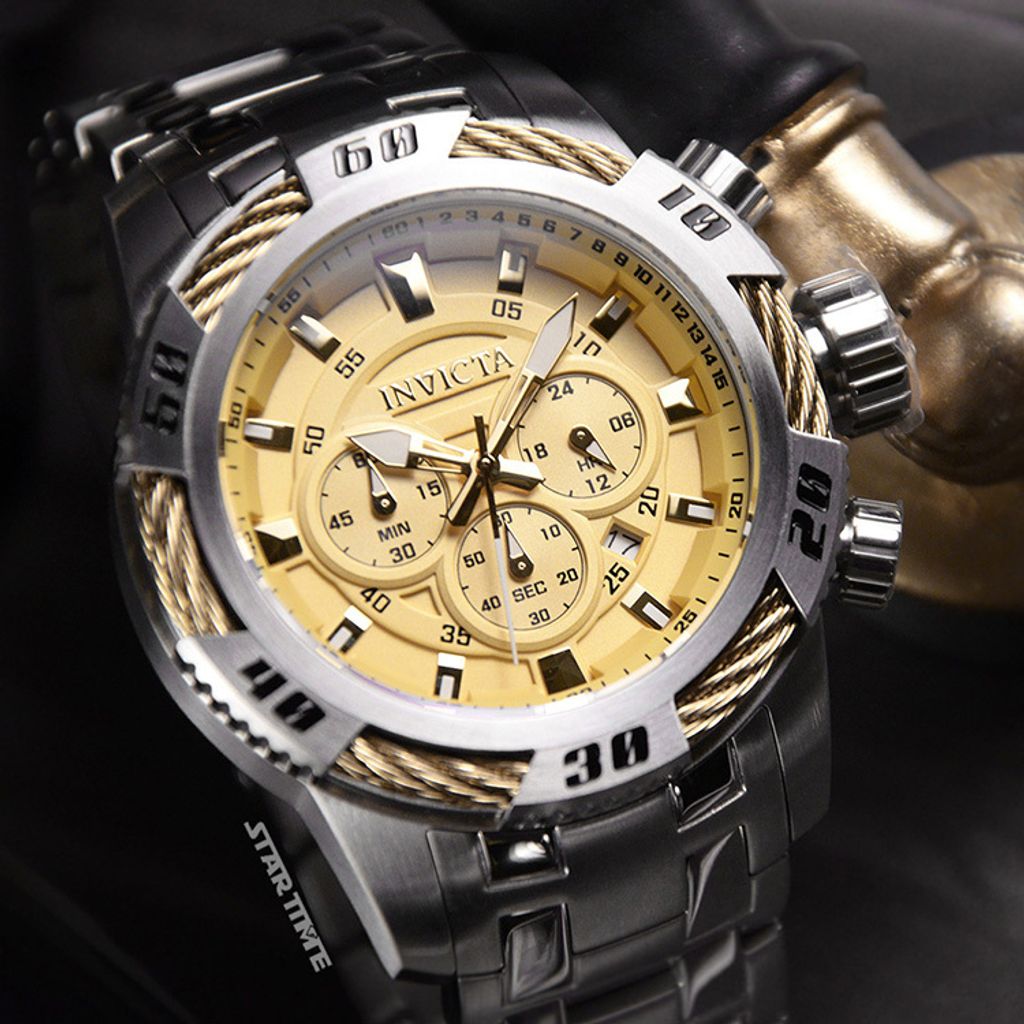 INVICTA ｜Speedway 49119｜三眼計時 金面 銀色不鏽鋼錶帶 鋼索造型 石英錶錶面細節
