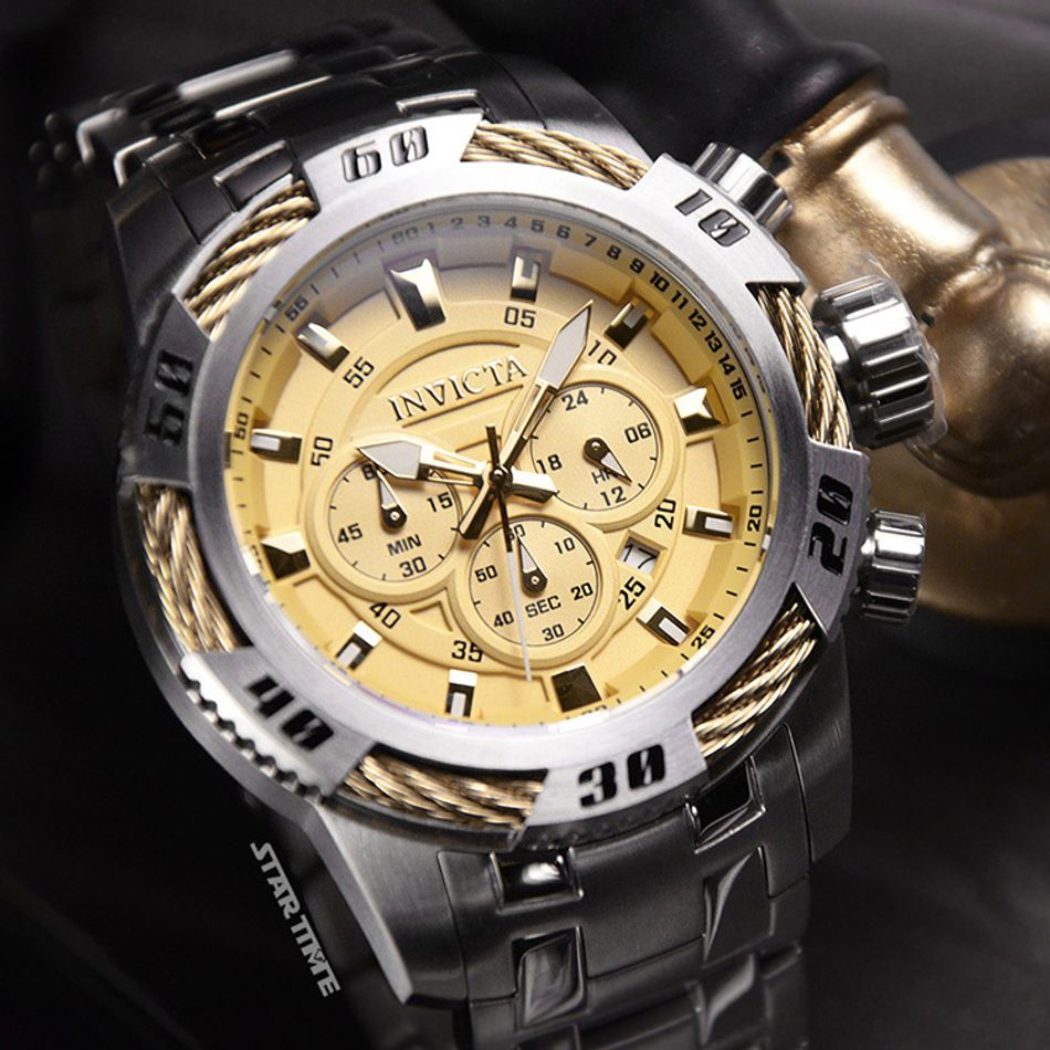 INVICTA ｜Speedway 49119｜三眼計時 金面 銀色不鏽鋼錶帶 鋼索造型 石英錶錶面細節