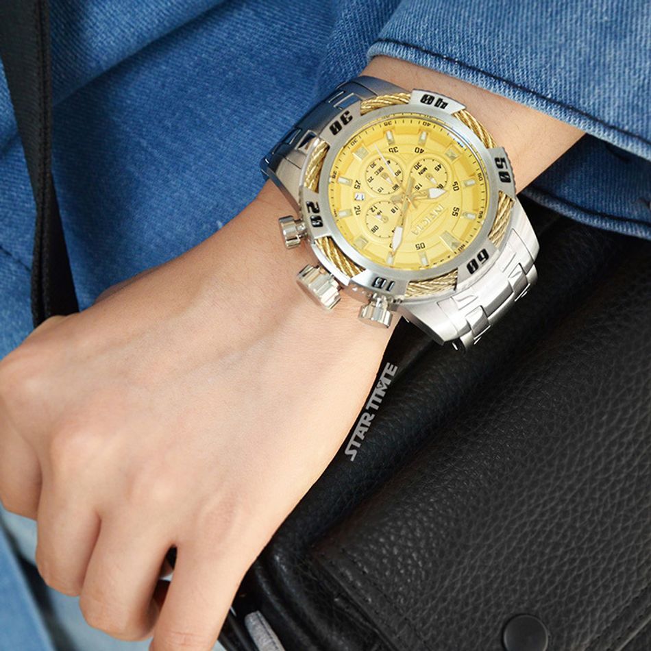 INVICTA ｜Speedway 49119｜三眼計時 金面 銀色不鏽鋼錶帶 鋼索造型 石英錶實戴展示