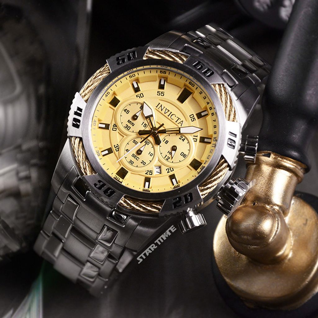 INVICTA ｜Speedway 49119｜三眼計時 金面 銀色不鏽鋼錶帶 鋼索造型 石英錶側面