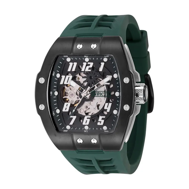 INVICTA ｜S1 Rally Store Exclusive 44890｜黑面 軍綠色矽膠錶帶 酒桶造型 自動上鍊機械錶側面