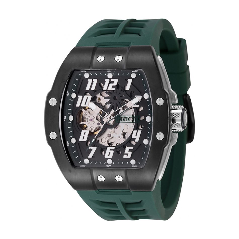 INVICTA ｜S1 Rally Store Exclusive 44890｜黑面 軍綠色矽膠錶帶 酒桶造型 自動上鍊機械錶側面