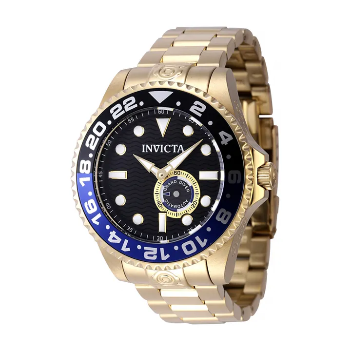INVICTA ｜Pro Diver 47298｜ 黑面 黑藍框 金色不鏽鋼錶帶 小秒盤 自動上鍊機械錶側面