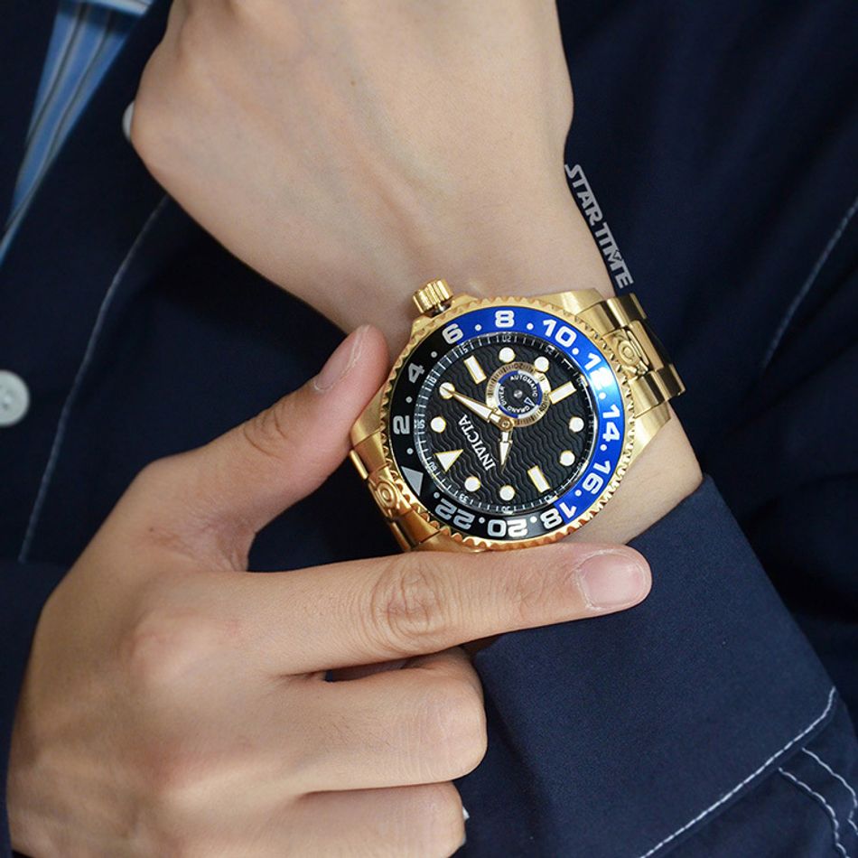 INVICTA ｜Pro Diver 47298｜ 黑面 黑藍框 金色不鏽鋼錶帶 小秒盤 自動上鍊機械錶實戴展示