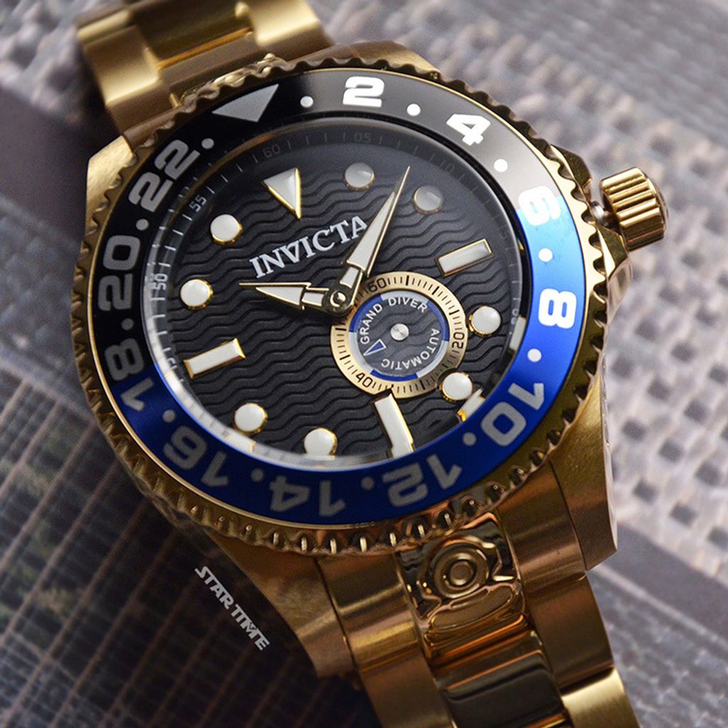 INVICTA ｜Pro Diver 47298｜ 黑面 黑藍框 金色不鏽鋼錶帶 小秒盤 自動上鍊機械錶錶面細節