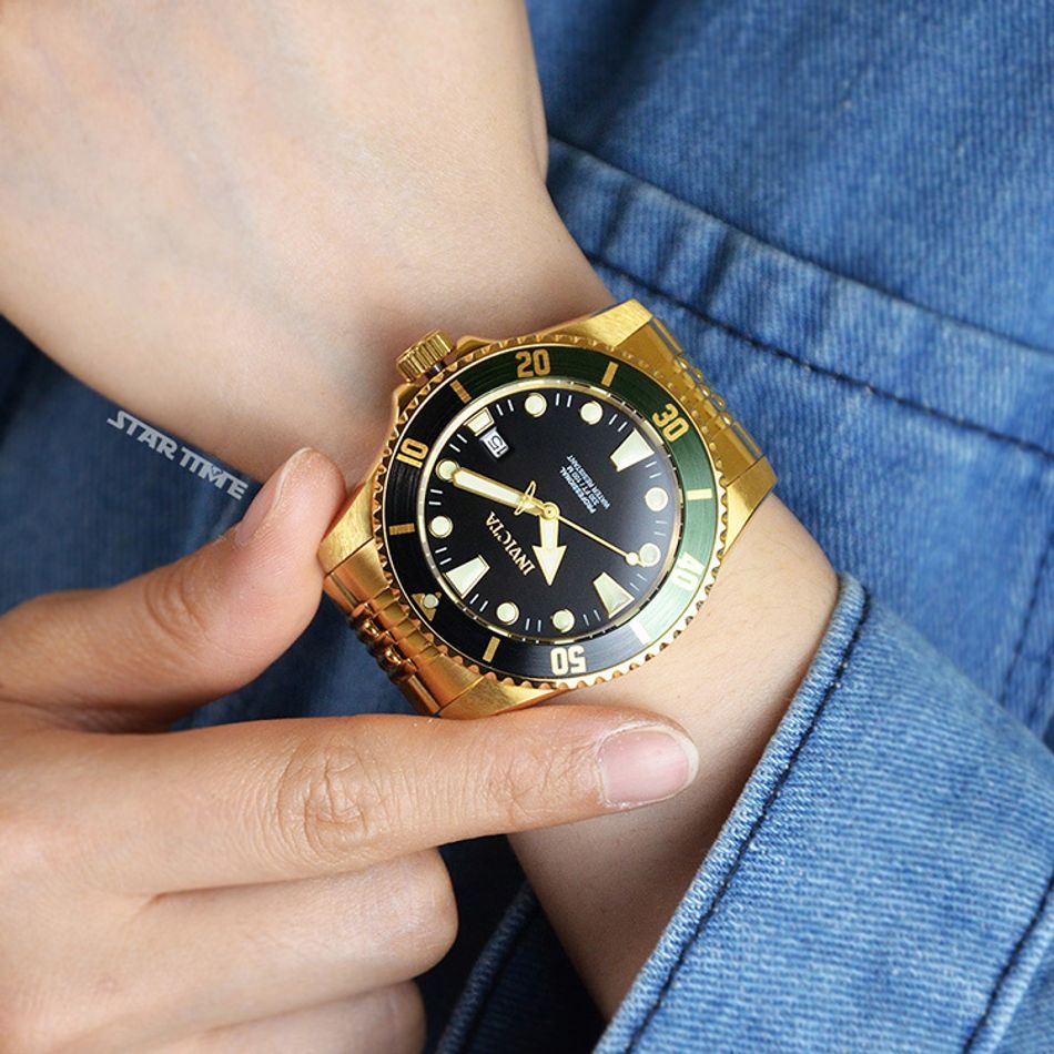 INVICTA ｜Pro Diver 39763｜黑面黑綠框 金色不鏽鋼錶帶 自動上鍊機械錶實戴展示