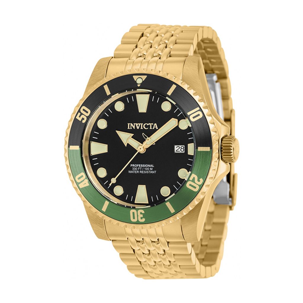 INVICTA ｜Pro Diver 39763｜黑面黑綠框 金色不鏽鋼錶帶 自動上鍊機械錶側面