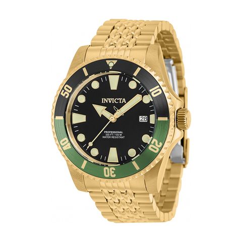 INVICTA ｜Pro Diver 39763｜黑面黑綠框 金色不鏽鋼錶帶 自動上鍊機械錶側面