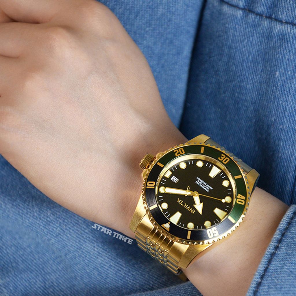 INVICTA ｜Pro Diver 39763｜黑面黑綠框 金色不鏽鋼錶帶 自動上鍊機械錶實帶細節