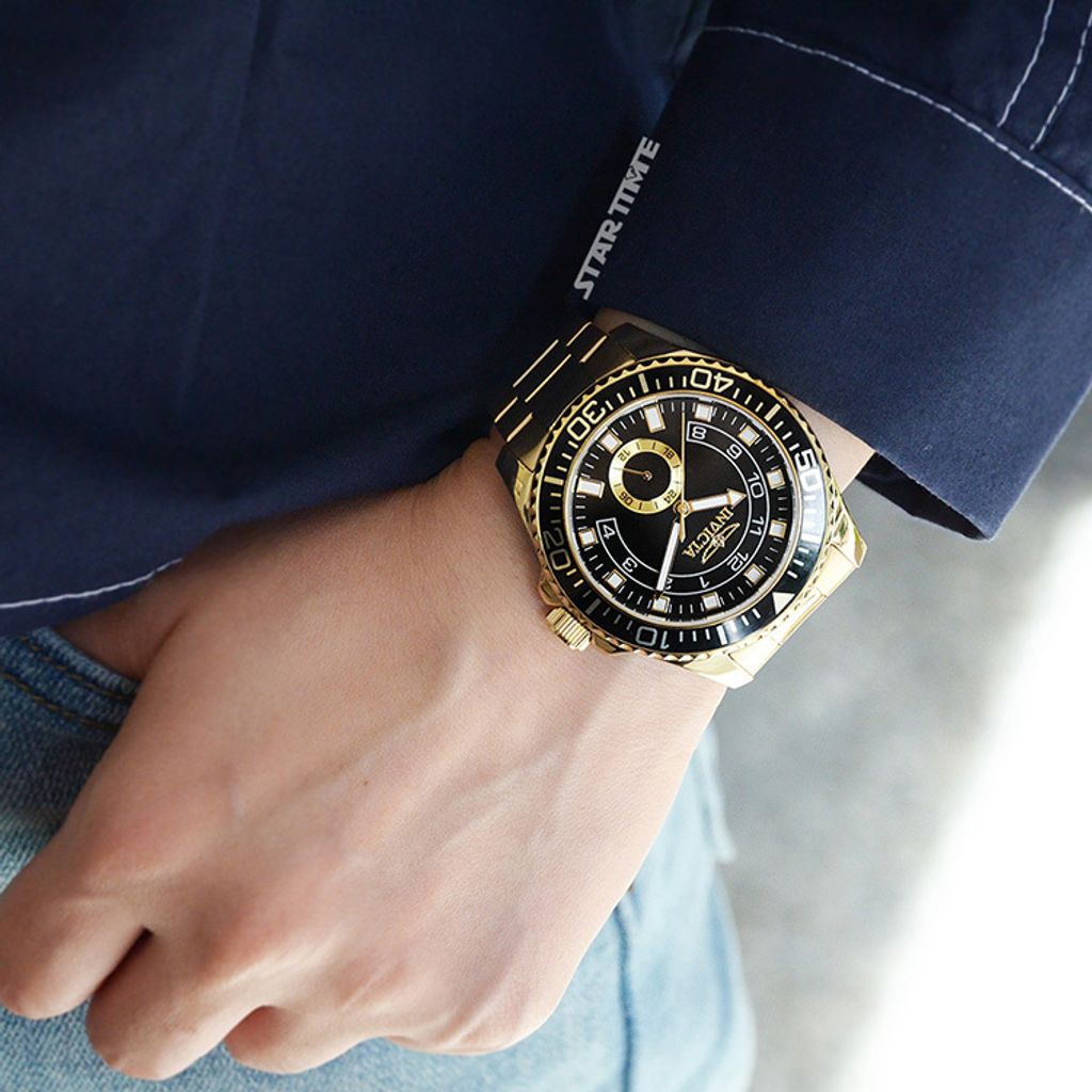INVICTA ｜Pro Diver 47131｜黑面金框 金色不鏽鋼錶帶 小秒盤 石英錶實戴參考