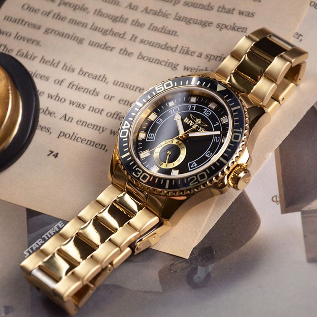 INVICTA ｜Pro Diver 47131｜黑面金框 金色不鏽鋼錶帶 小秒盤 石英錶右側細節