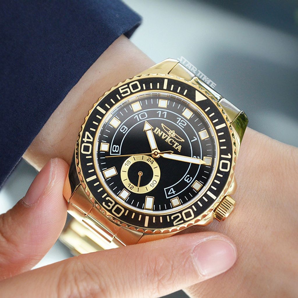INVICTA ｜Pro Diver 47131｜黑面金框 金色不鏽鋼錶帶 小秒盤 石英錶實戴細節