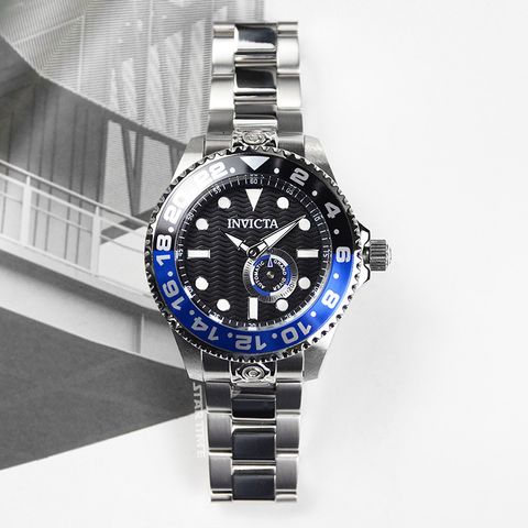 INVICTA ｜Pro Diver 47295｜黑面藍黑框 銀色不鏽鋼錶帶 小秒盤 自動上鍊機械錶正面