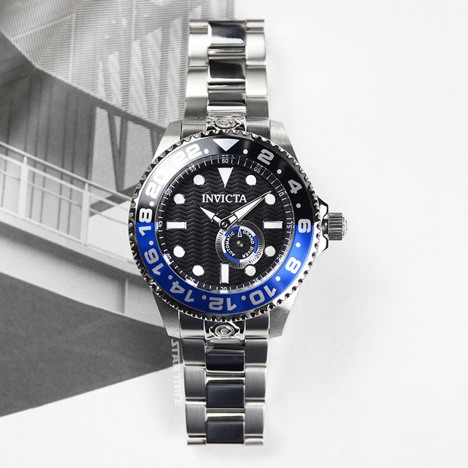 INVICTA ｜Pro Diver 47295｜黑面藍黑框 銀色不鏽鋼錶帶 小秒盤 自動上鍊機械錶正面