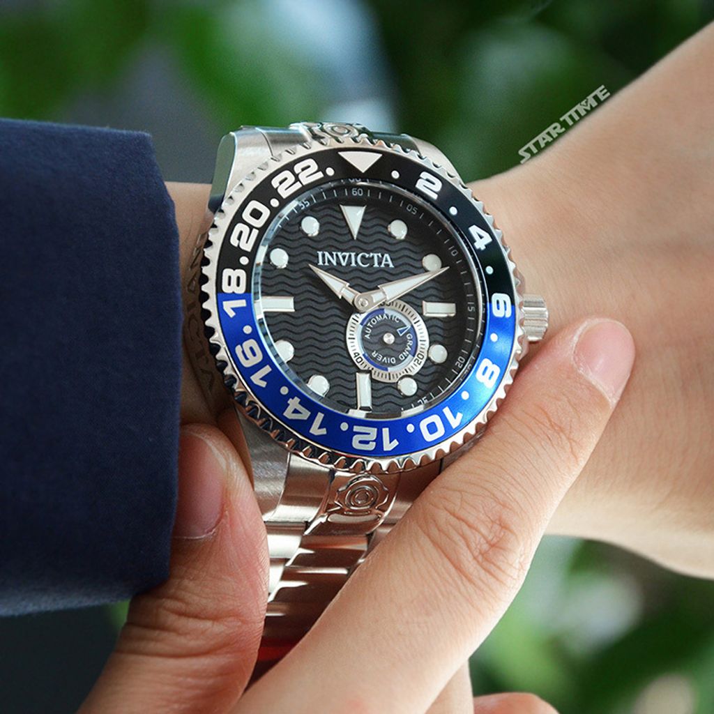 INVICTA ｜Pro Diver 47295｜黑面藍黑框 銀色不鏽鋼錶帶 小秒盤 自動上鍊機械錶實帶細節