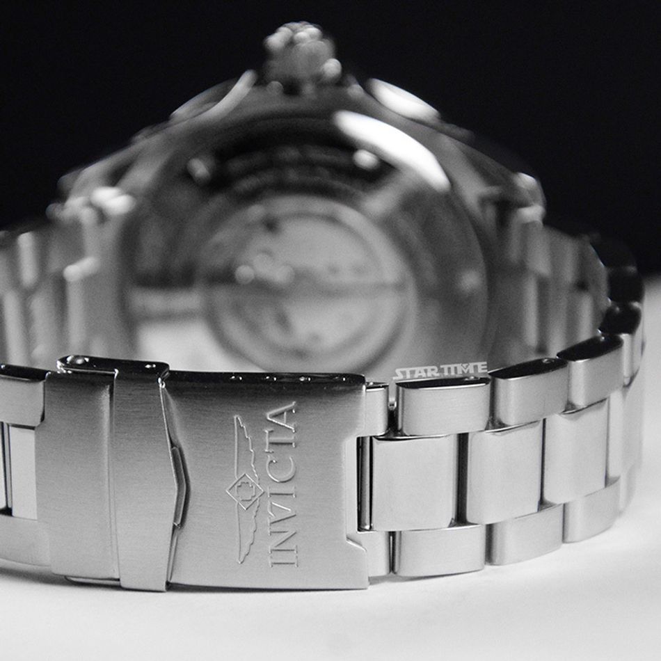 INVICTA ｜Pro Diver 47301｜黑面綠黑框 銀色不鏽鋼錶帶 兩眼小秒盤 自動上鍊機械錶錶帶細節