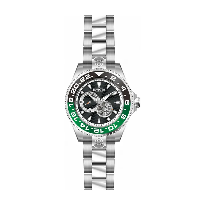 INVICTA ｜Pro Diver 47301｜黑面綠黑框 銀色不鏽鋼錶帶 兩眼小秒盤 自動上鍊機械錶正面