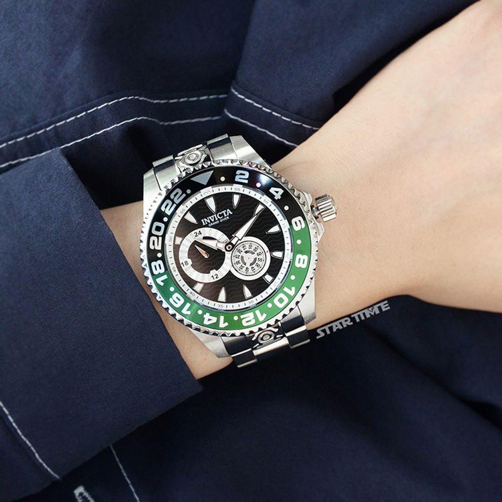 INVICTA ｜Pro Diver 47301｜黑面綠黑框 銀色不鏽鋼錶帶 兩眼小秒盤 自動上鍊機械錶實戴參考