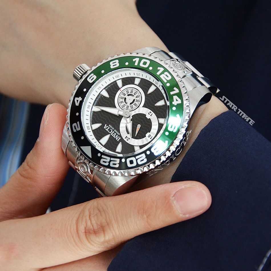 INVICTA ｜Pro Diver 47301｜黑面綠黑框 銀色不鏽鋼錶帶 兩眼小秒盤 自動上鍊機械錶實戴細節