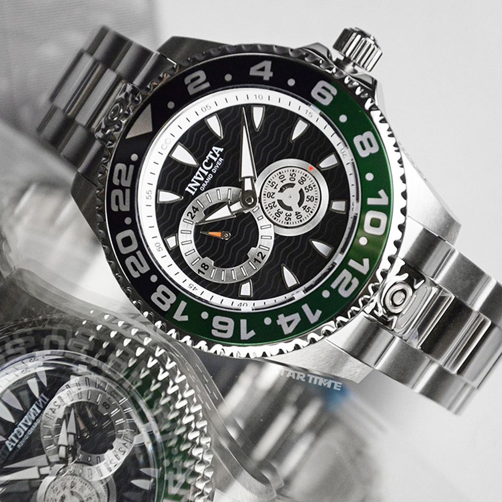 INVICTA ｜Pro Diver 47301｜黑面綠黑框 銀色不鏽鋼錶帶 兩眼小秒盤 自動上鍊機械錶錶面細節