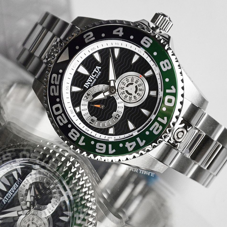 INVICTA ｜Pro Diver 47301｜黑面綠黑框 銀色不鏽鋼錶帶 兩眼小秒盤 自動上鍊機械錶錶面細節