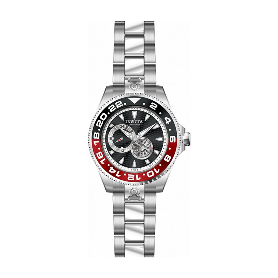 INVICTA ｜Pro Diver 47302｜黑面紅黑框 銀色不鏽鋼錶帶 兩眼小秒盤 自動上鍊機械錶正面