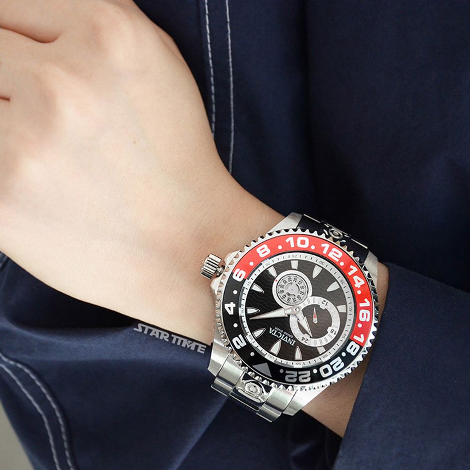 INVICTA ｜Pro Diver 47302｜黑面紅黑框 銀色不鏽鋼錶帶 兩眼小秒盤 自動上鍊機械錶實戴細節