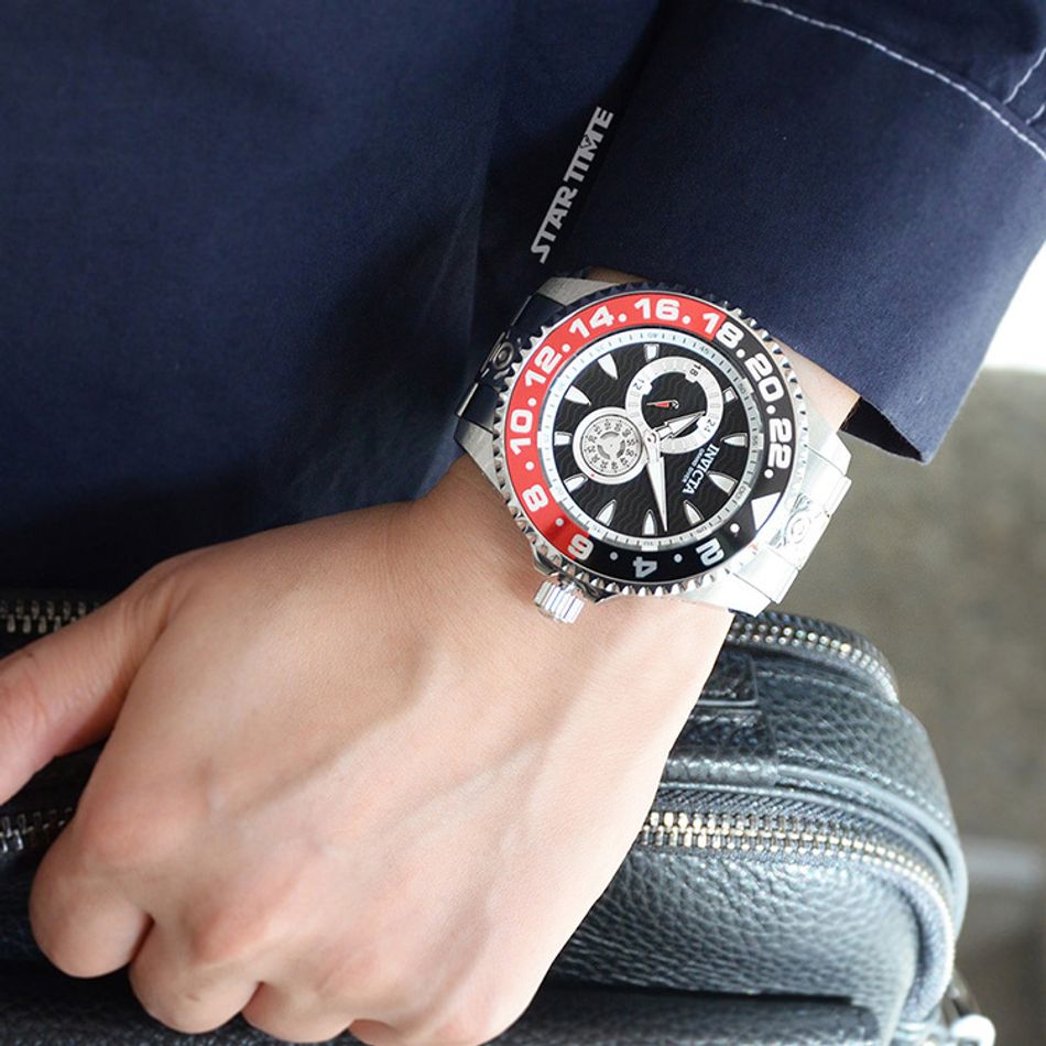 INVICTA ｜Pro Diver 47302｜黑面紅黑框 銀色不鏽鋼錶帶 兩眼小秒盤 自動上鍊機械錶實戴展示