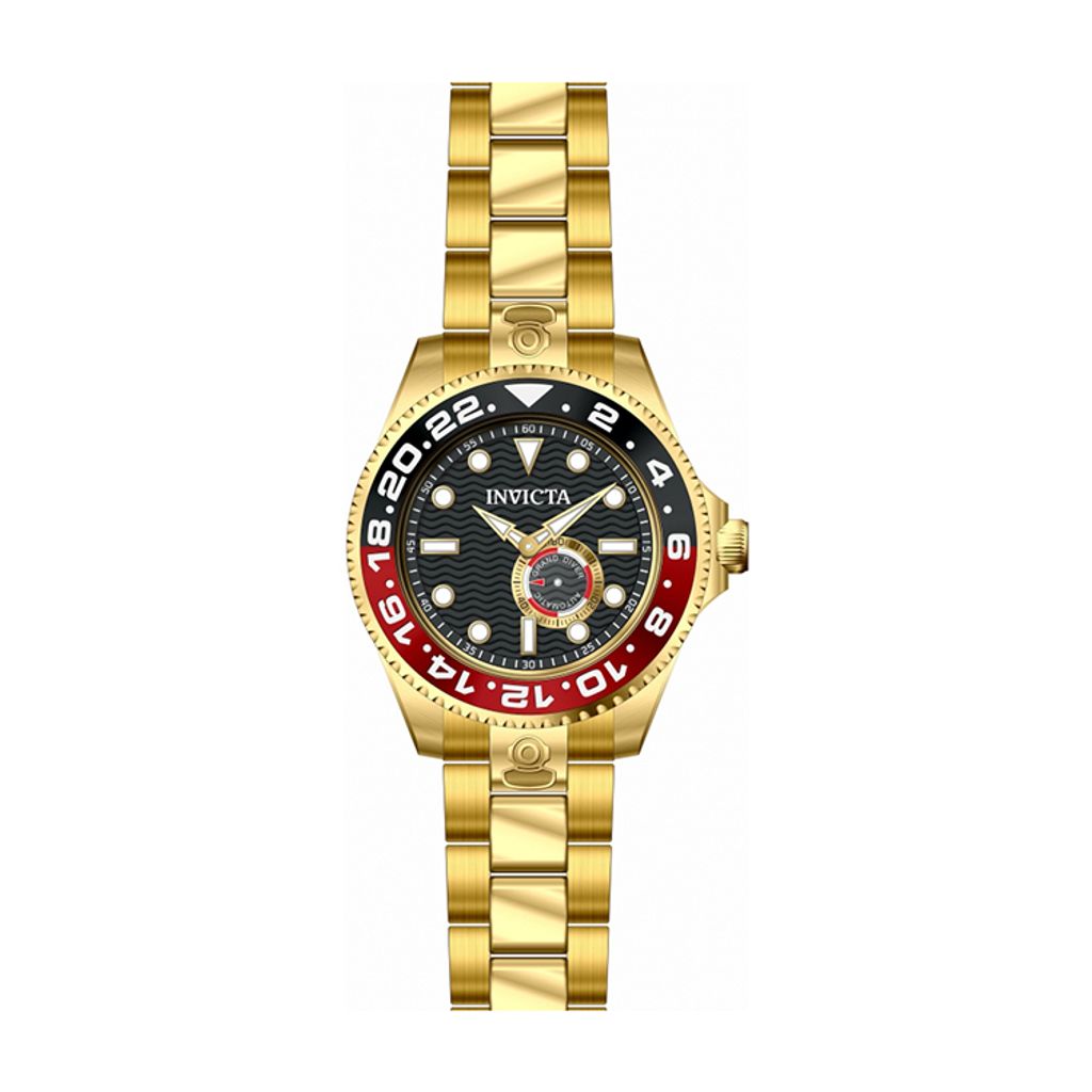 INVICTA ｜Pro Diver 47299｜黑面紅黑框 金色不鏽鋼錶帶 小秒盤 自動上鍊機械錶正面