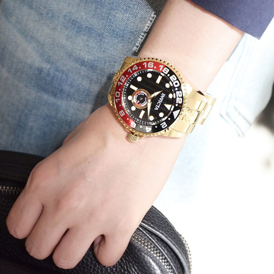 INVICTA ｜Pro Diver 47299｜黑面紅黑框 金色不鏽鋼錶帶 小秒盤 自動上鍊機械錶實戴展示