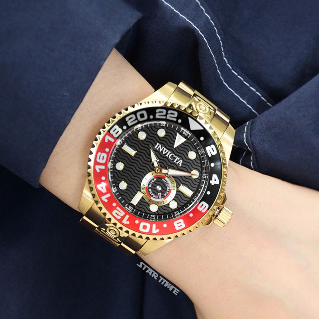INVICTA ｜Pro Diver 47299｜黑面紅黑框 金色不鏽鋼錶帶 小秒盤 自動上鍊機械錶實戴細節