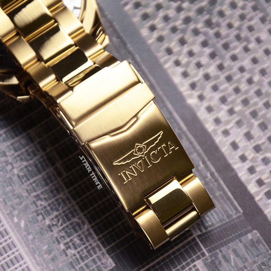 INVICTA ｜Pro Diver 47299｜黑面紅黑框 金色不鏽鋼錶帶 小秒盤 自動上鍊機械錶錶帶細節