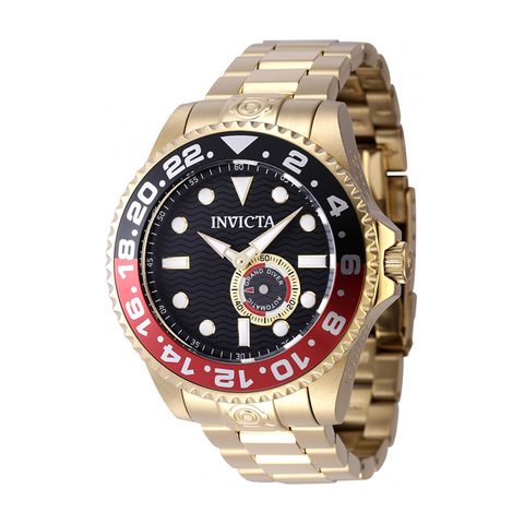 INVICTA ｜Pro Diver 47299｜黑面紅黑框 金色不鏽鋼錶帶 小秒盤 自動上鍊機械錶側面
