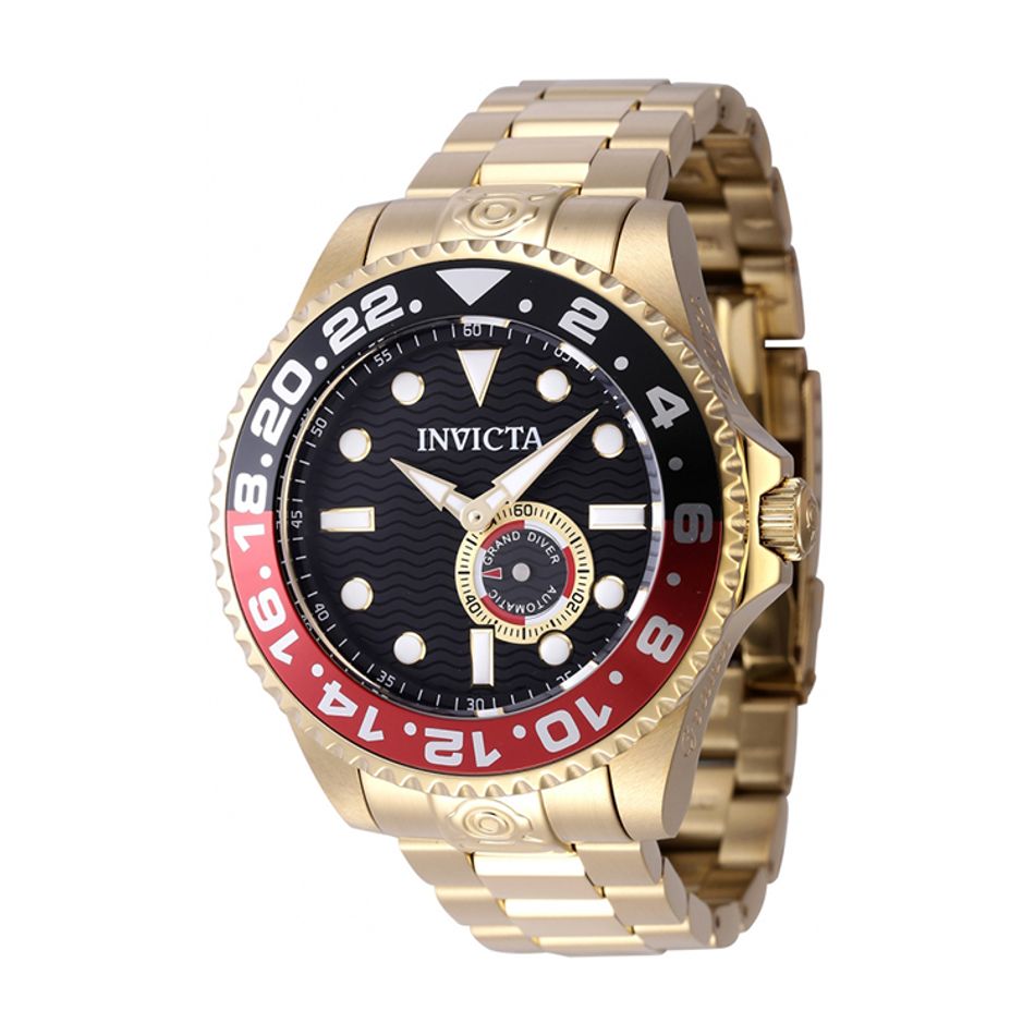 INVICTA ｜Pro Diver 47299｜黑面紅黑框 金色不鏽鋼錶帶 小秒盤 自動上鍊機械錶側面