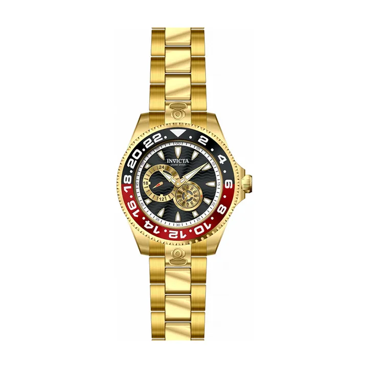 INVICTA ｜Pro Diver 47304｜黑面紅黑框 金色不鏽鋼錶帶 兩眼小秒盤 自動上鍊機械錶正面