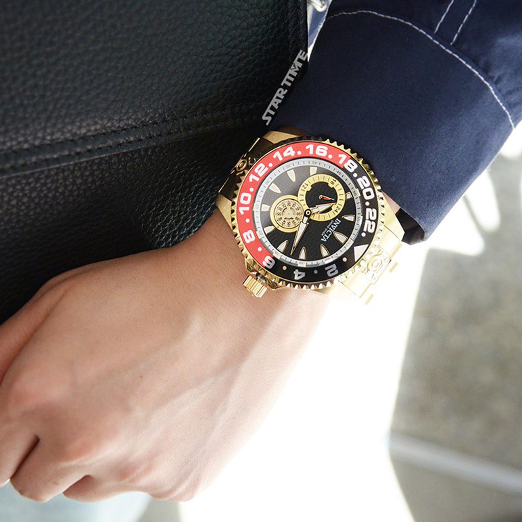 INVICTA ｜Pro Diver 47304｜黑面紅黑框 金色不鏽鋼錶帶 兩眼小秒盤 自動上鍊機械錶實戴展示