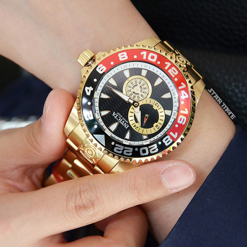 INVICTA ｜Pro Diver 47304｜黑面紅黑框 金色不鏽鋼錶帶 兩眼小秒盤 自動上鍊機械錶實戴細節
