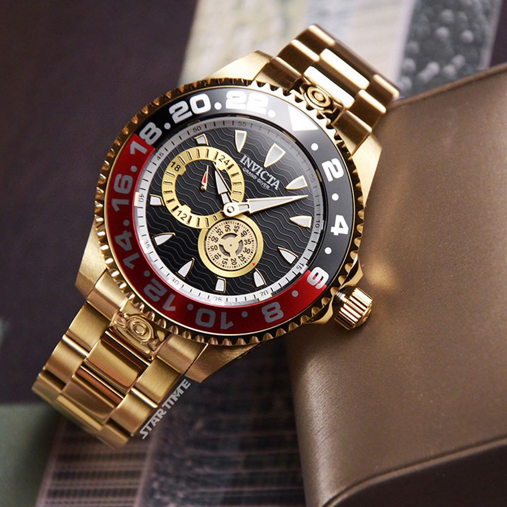 INVICTA ｜Pro Diver 47304｜黑面紅黑框 金色不鏽鋼錶帶 兩眼小秒盤 自動上鍊機械錶正面展示
