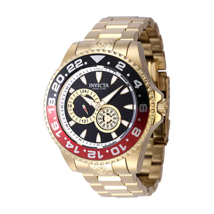 INVICTA ｜Pro Diver 47304｜黑面紅黑框 金色不鏽鋼錶帶 兩眼小秒盤 自動上鍊機械錶側面