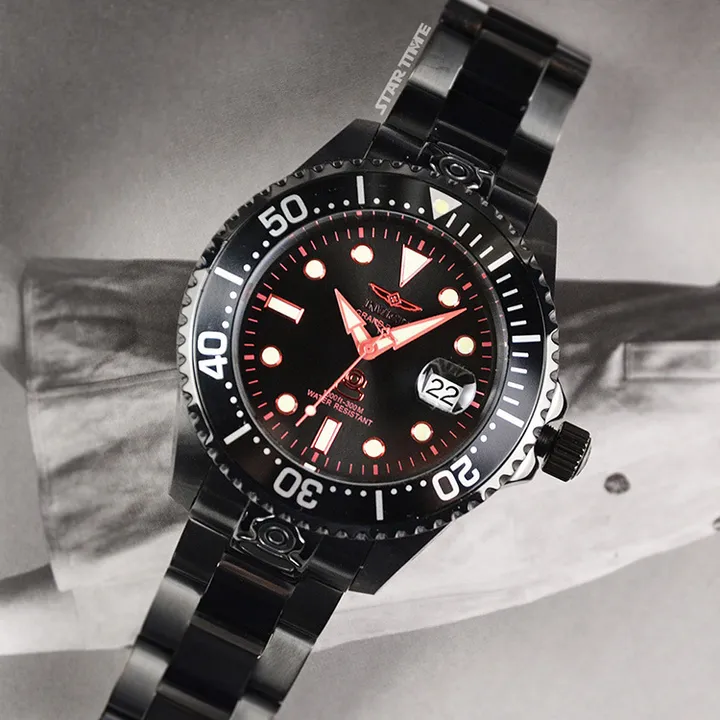 INVICTA ｜Pro Diver 28685｜黑面 紅色指針 黑色不鏽鋼錶帶 自動上鍊機械錶正面展示