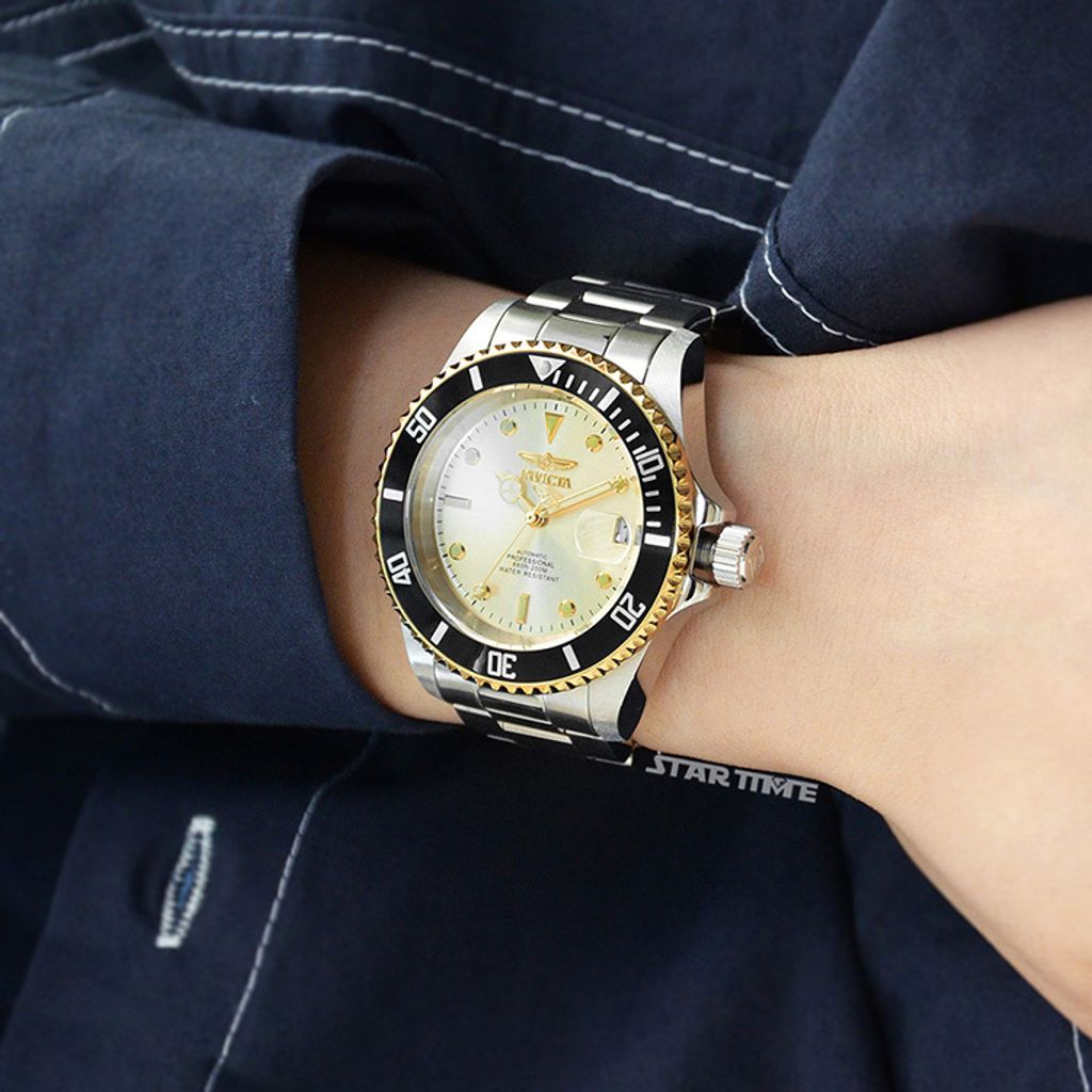 INVICTA ｜Pro Diver 49317｜香檳金面 銀色不鏽鋼錶帶 自動上鍊機械錶實戴細節
