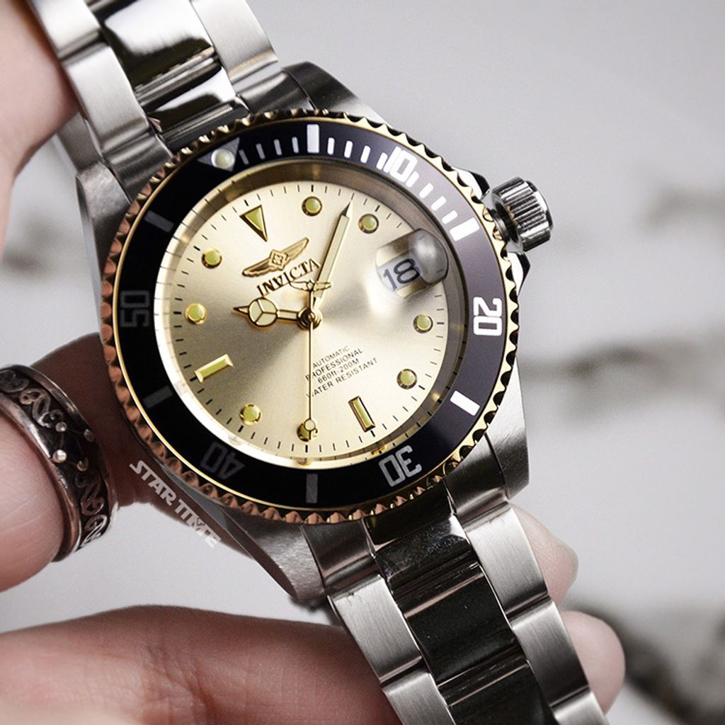 INVICTA ｜Pro Diver 49317｜香檳金面 銀色不鏽鋼錶帶 自動上鍊機械錶錶面細節