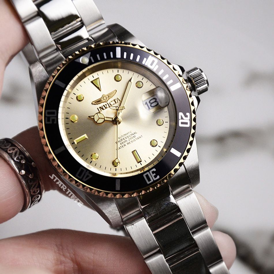 INVICTA ｜Pro Diver 49317｜香檳金面 銀色不鏽鋼錶帶 自動上鍊機械錶錶面細節