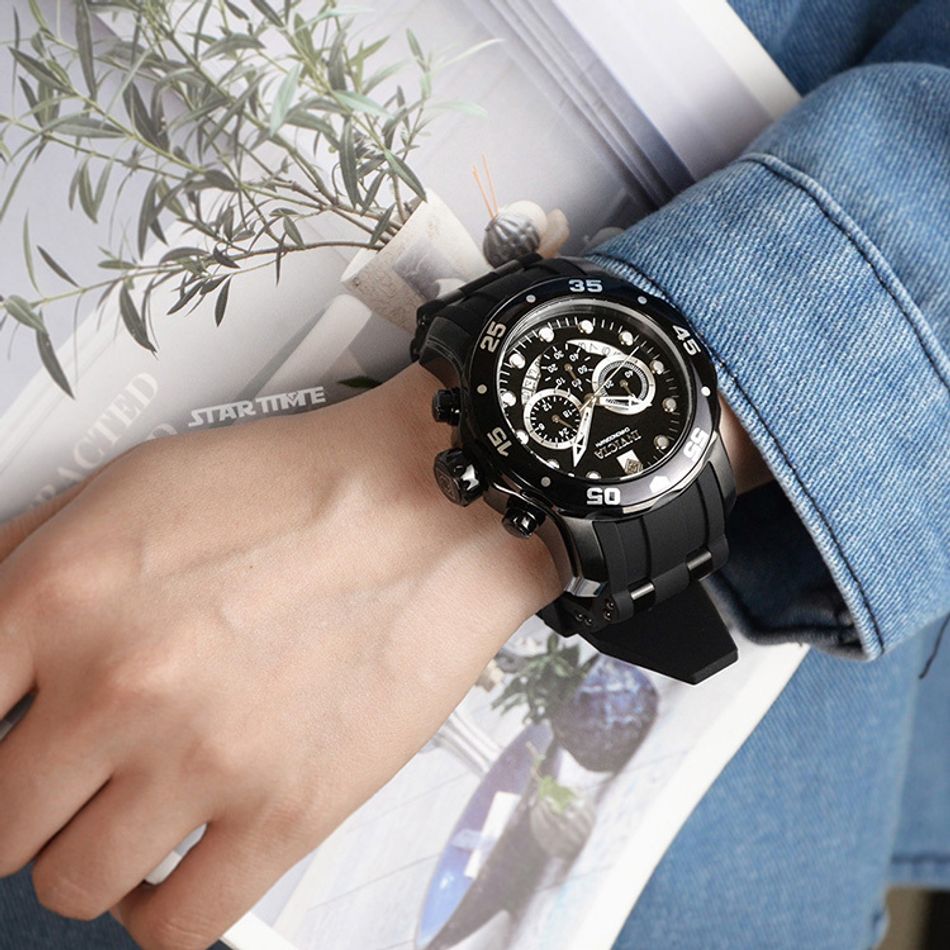 INVICTA ｜Pro Diver SCUBA 6986｜三眼計時 黑面 黑色不鏽鋼錶帶 石英錶實戴參考