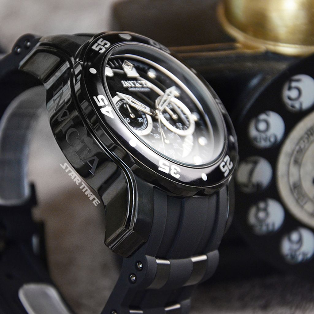 INVICTA ｜Pro Diver SCUBA 6986｜三眼計時 黑面 黑色不鏽鋼錶帶 石英錶左側細節